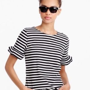 J. Crew Ruffle Sleeve Tee Striped White Navy Blue Size Medium
